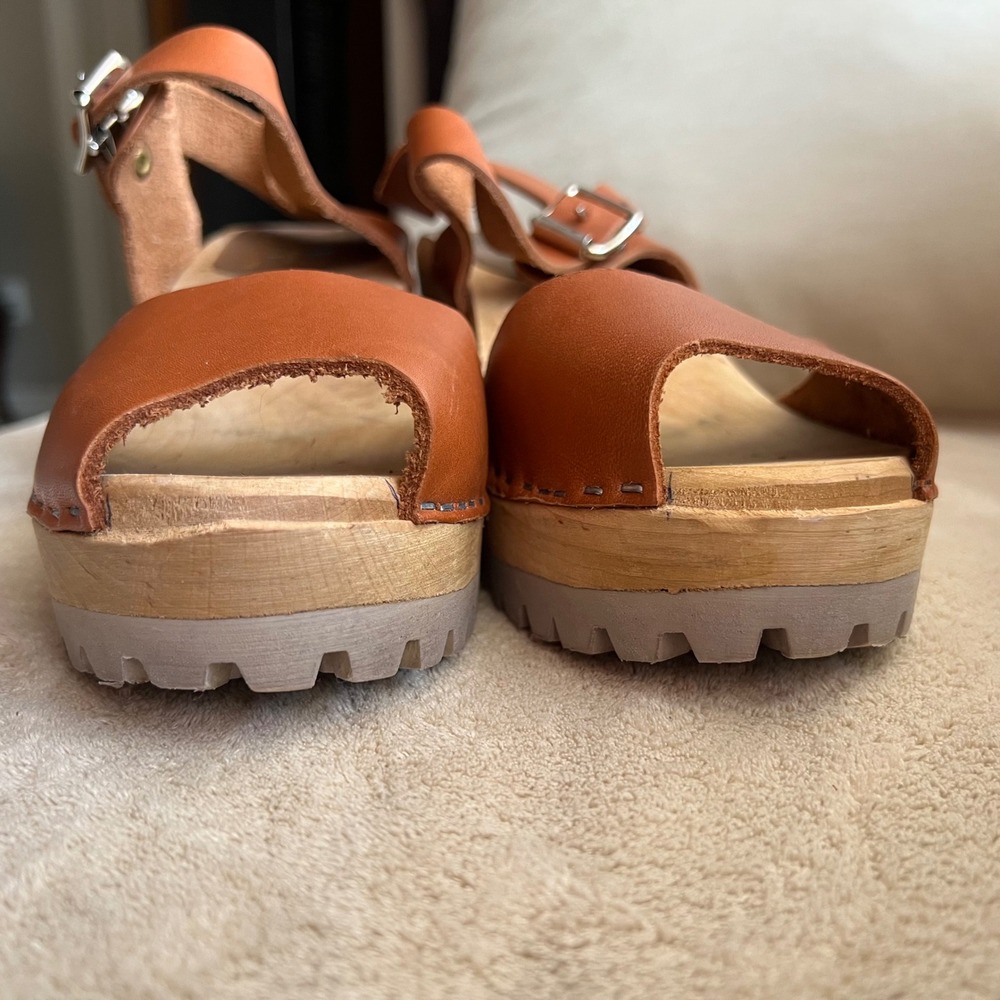 MIA Anja Women 7.5-8 EU 38 Tan Leather Clog Sandals Wooden Platform Ankle Strap - Picture 9 of 16